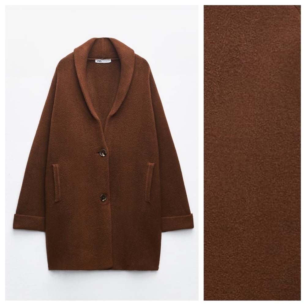 NWT. Zara Brown Wool Blend Turned Up Cuff Knit Coat. Size M. - Picture 2 of 10
